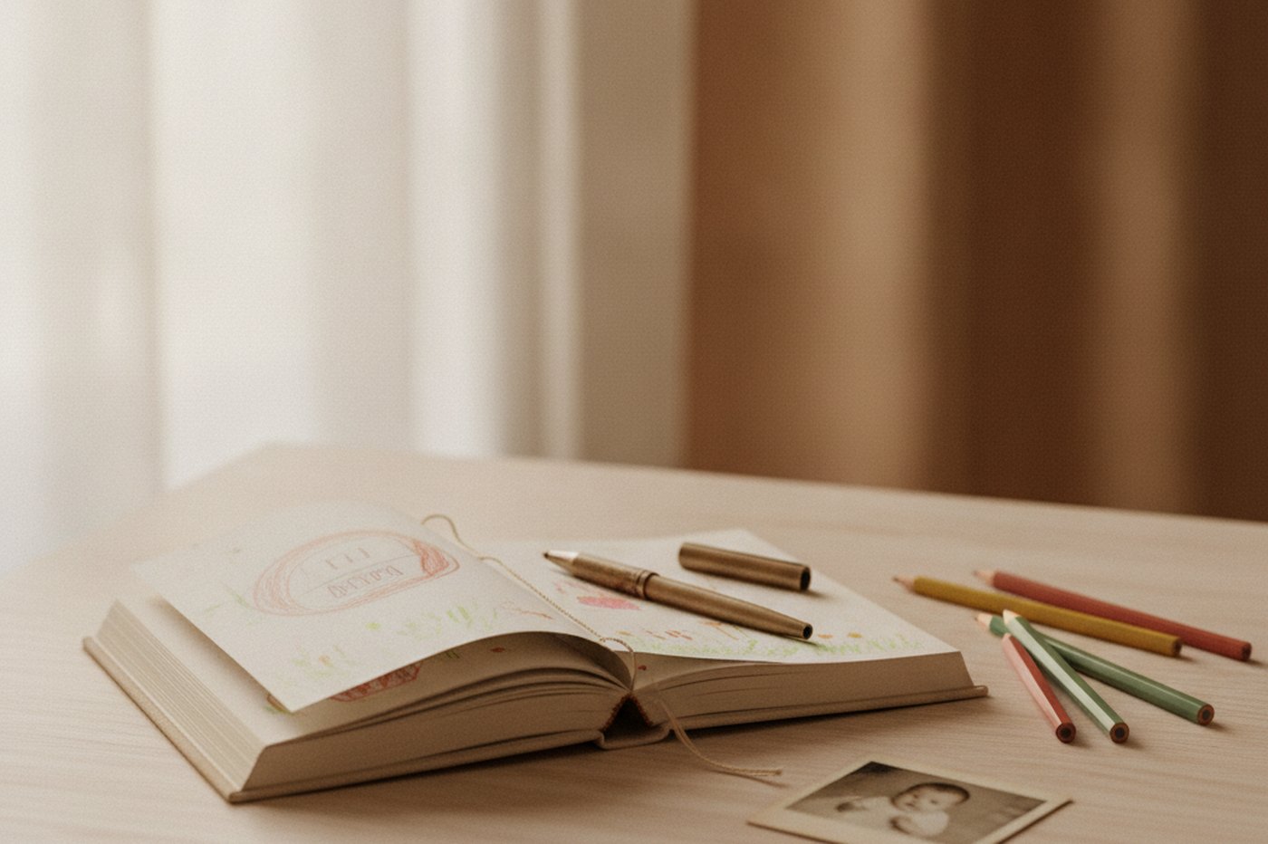Exemplo do caderno depois de você imprimir em casa e encadernar, sobre a mesa